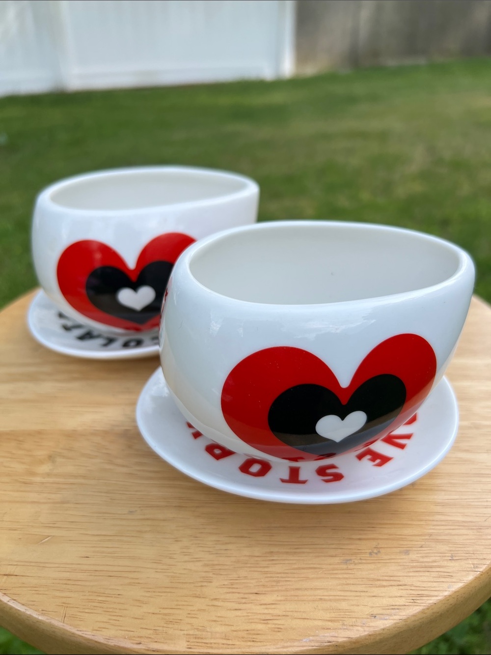 Max Brenner Hug Mug - Heart Accent Ceramic Cups with Saucers - Set of 2